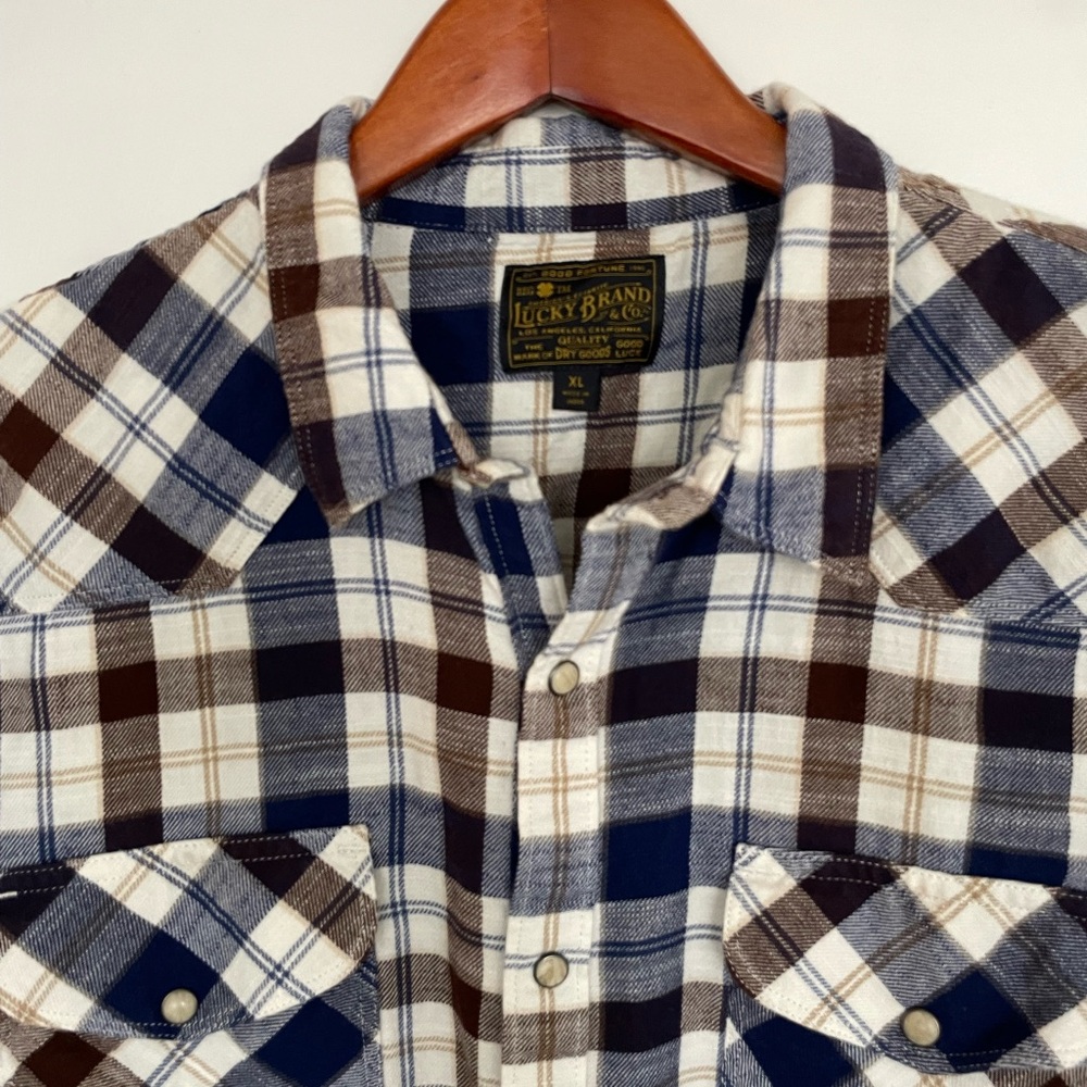 Lucky Brand Men's Blue and Brown Plaid Shirt Pearl Snaps Western XL Flannel